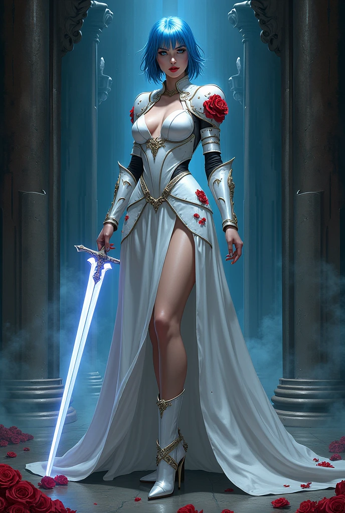 Arafed, action shot, Dark fantasy art, fantasy art, goth art, a picture of a female vampire, exquisite beauty, full body shot, dark glamour shot, pale white skin, blond hair, long hair, wavy hair, dynamic eyes color eyes, (glowing eyes: 1.3), (vampire famgs: 1.5) she wears a ((white: 1.3)) white suit of armored dress, she holds a (glowing sword: 1.4) in hand, (ready for battle: 1.4) , (red roses: 1.3) are imprinted on the suit, high heeled boots, dark castle, dark, black and color, Dark Art Painting Style, flower dress, dark novel, flower dress