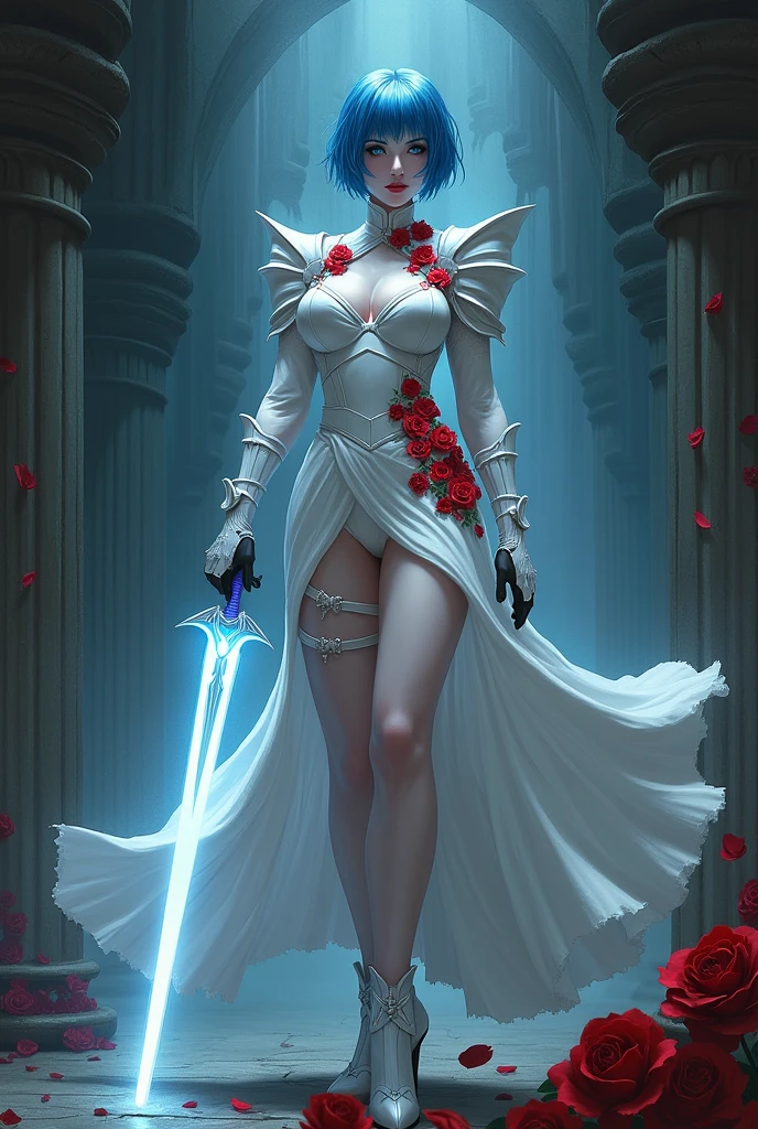 Arafed, action shot, Dark fantasy art, fantasy art, goth art, a picture of a female vampire, exquisite beauty, full body shot, dark glamour shot, pale white skin, blue hair, short hair, dynamic eyes color eyes, (glowing eyes: 1.3), (vampire famgs: 1.5) she wears a ((white: 1.3)) white suit of armored dress, she holds a (glowing sword: 1.4) in hand, (ready for battle: 1.4) , (red roses: 1.3) are imprinted on the suit,  high heeled boots, dark castle, dark, black and color, Dark Art Painting Style, flower dress, dark novel, flower dress