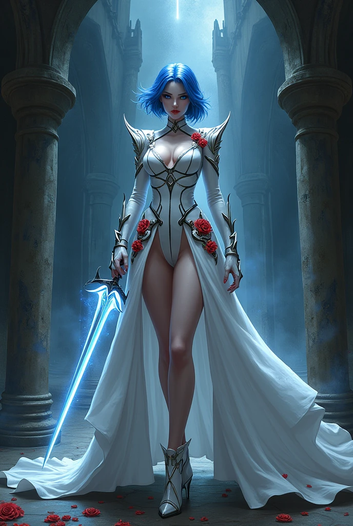 Arafed, action shot, Dark fantasy art, fantasy art, goth art, exquisite beauty, full body shot, dark glamour shot, white skin, blue hair, short hair, wavy hair, dynamic eyes color eyes, (glowing eyes: 1.3), busty, she wears a ((white: 1.3)) white suit of armored dress, cleavage, she holds a (glowing sword: 1.4) in hand, (ready for battle: 1.4) , (red roses: 1.3) are imprinted on the suit, high heeled boots, sense of dread, sense of dredd, fantasy dark castle background, vibrant, Ultra-high resolution, High Contrast, (masterpiece:1.5), highest quality, Best aesthetics), best details, best quality, highres, 16k, (ultra detailed: 1.5), masterpiece, best quality, (extremely detailed) RAW, (ultra details, Masterpiece, best quality), Hyperrealism style, big breasts