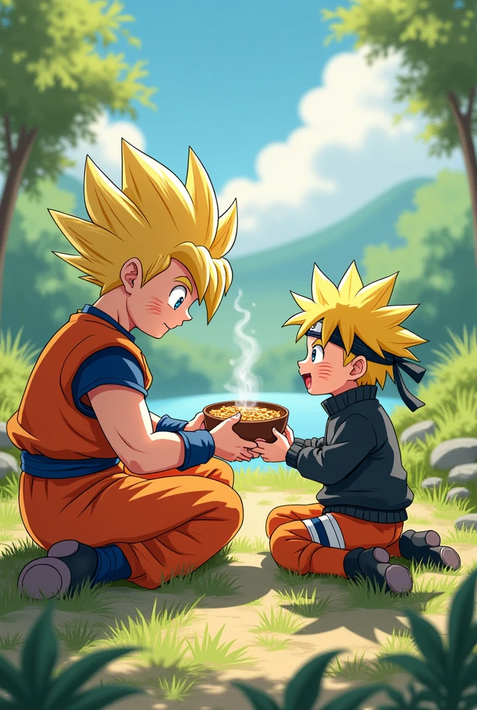 Goku caring for and feeding Naruto


