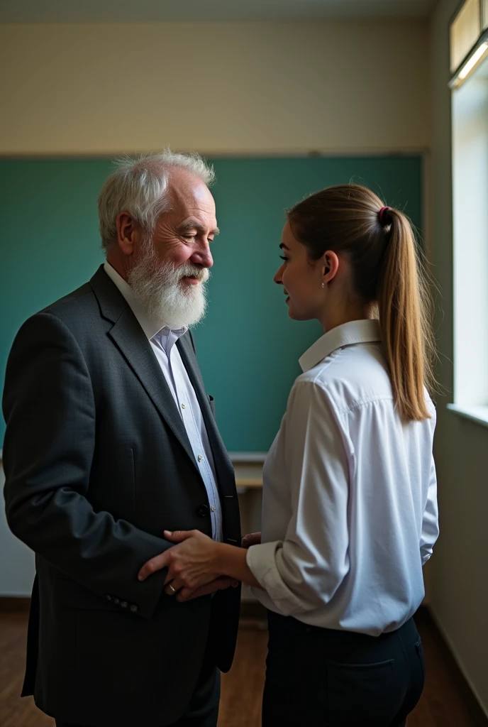 An old man has anal sex with a teenager at a school