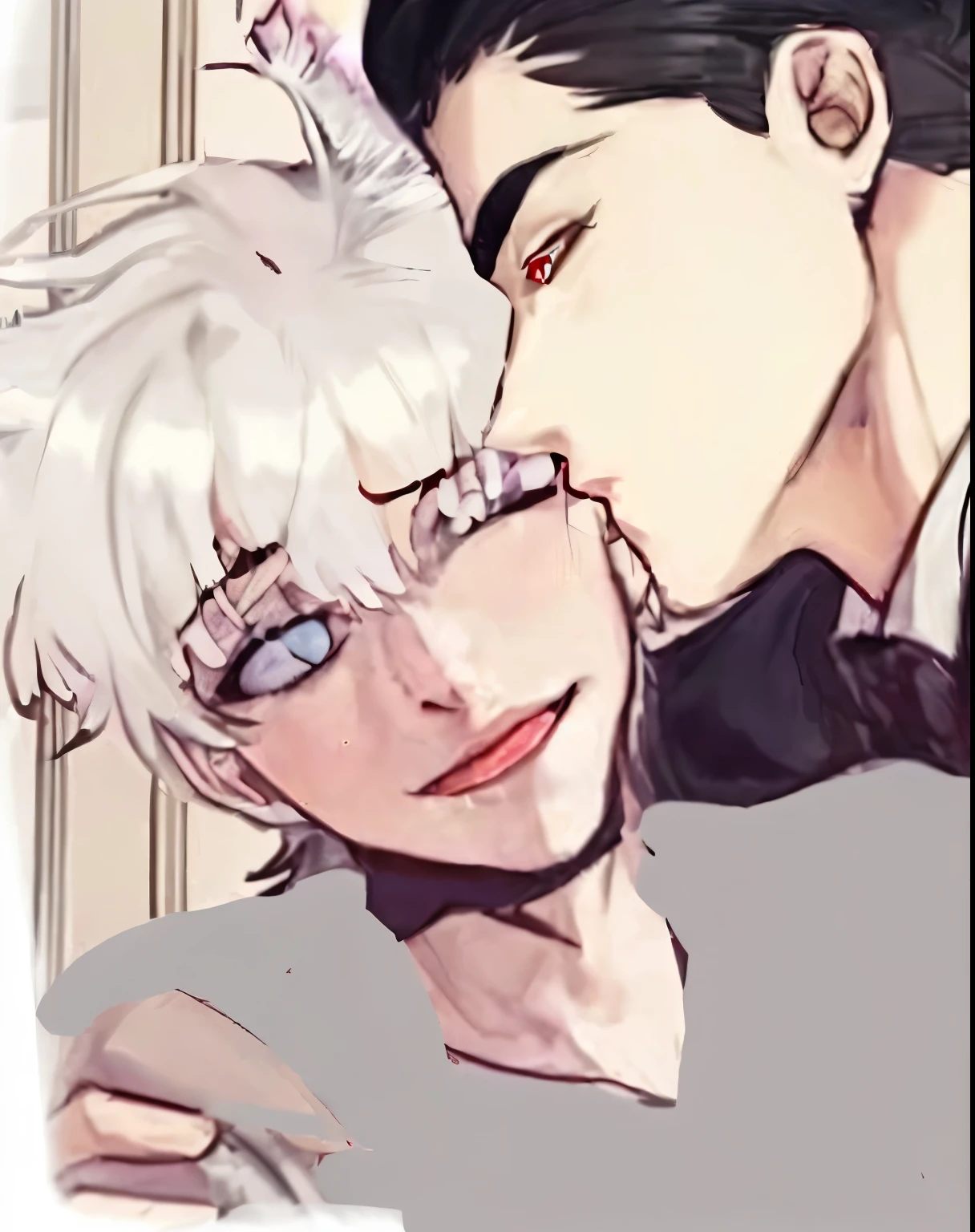 The one with white hair is cute and has a feminine face,has cat ears and the black haired one has wolf ears and dominates