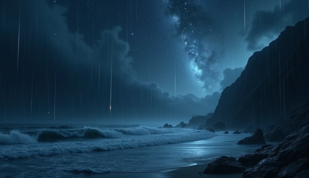 water, Sea, Dark sky, rain, Mountains, stars, Starfall, milky ways