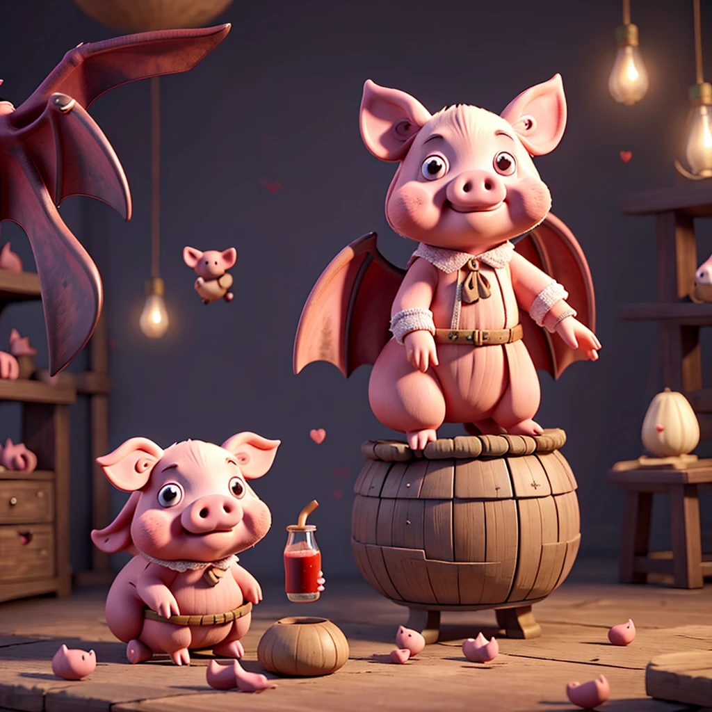 realistic cute pig, drinking blood, 4k, cartoony, witch horns and bat wings