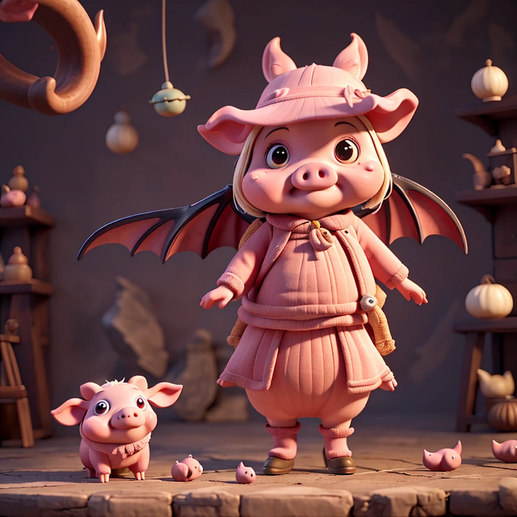 realistic cute pig, drinking blood, 4k, cartoony, witch horns and bat wings