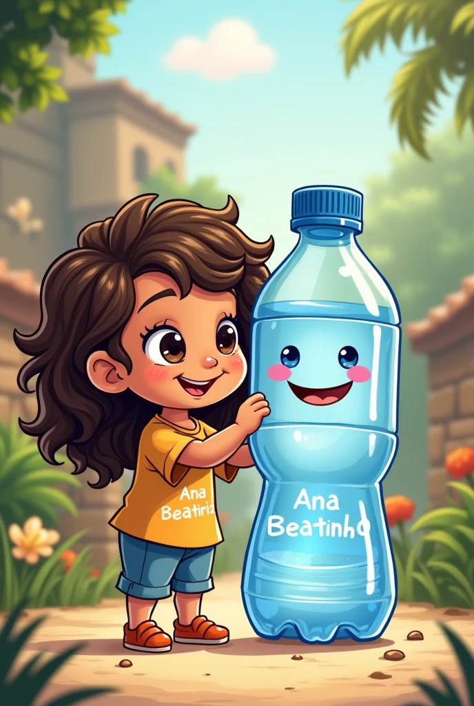 a white child, with dark brown eyes and long brown curly hair,with a shirt :“ANA BEATRIZ” playing with a smiling water bottle with the name BREJINHO, I WANT IT IN CARTOON