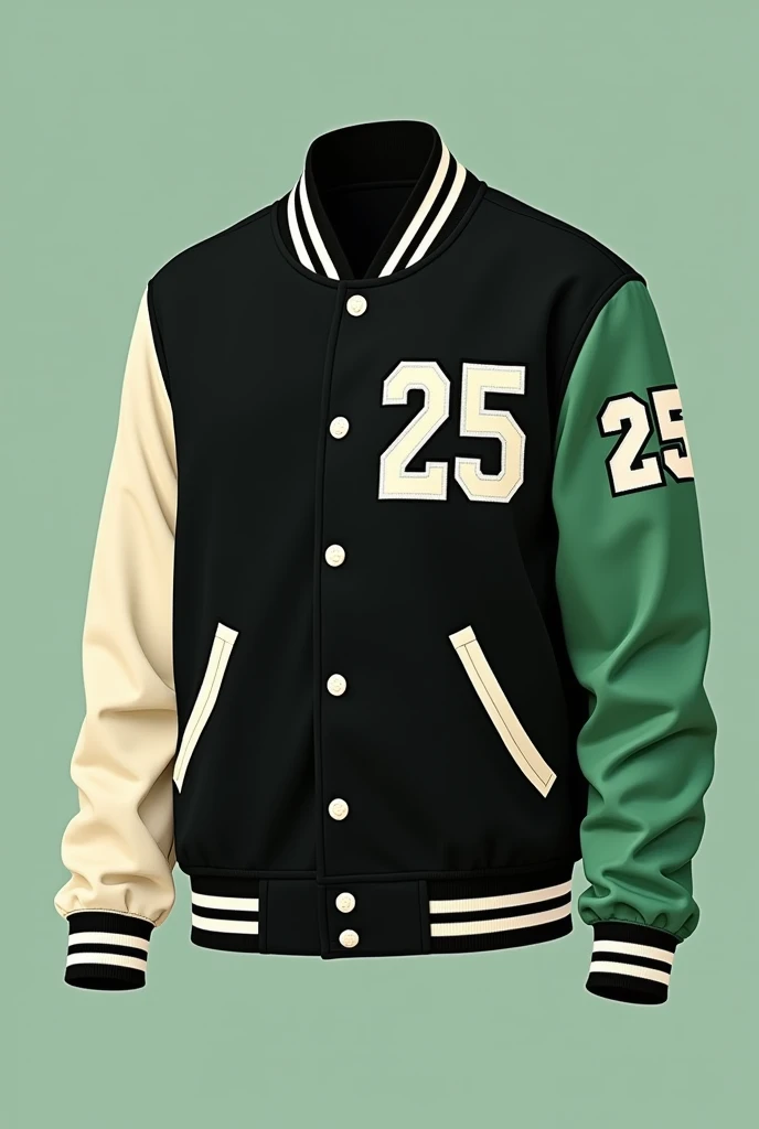 Varsity jacket with black colors and very small touches in pistachio green for a school with the number 25 on the left arm and cream-colored sleeves