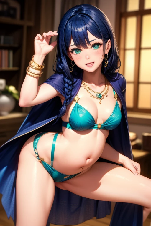 PRAYER、Lobelia、Highest quality、High resolution、Super detailed、masterpiece、Anatomically correct、french braid,parted bangs,indigo blue hair,long hair,emerald green eyes,slanted eyes,jewelry earring,high nose,long nose,french,small breasts,NSFW、BDSM、Browsing Caution、transformation、Scenes、sexy、Sexually excited expression、blush、Sweaty body、masturbation behavior、pregnancy、One navel、female 、navel,midriff,cameltoe,tattoo,piercing,bellydancer_clothes,shawl,bracelet,anklet,show off panties,spread legs,standing on one leg