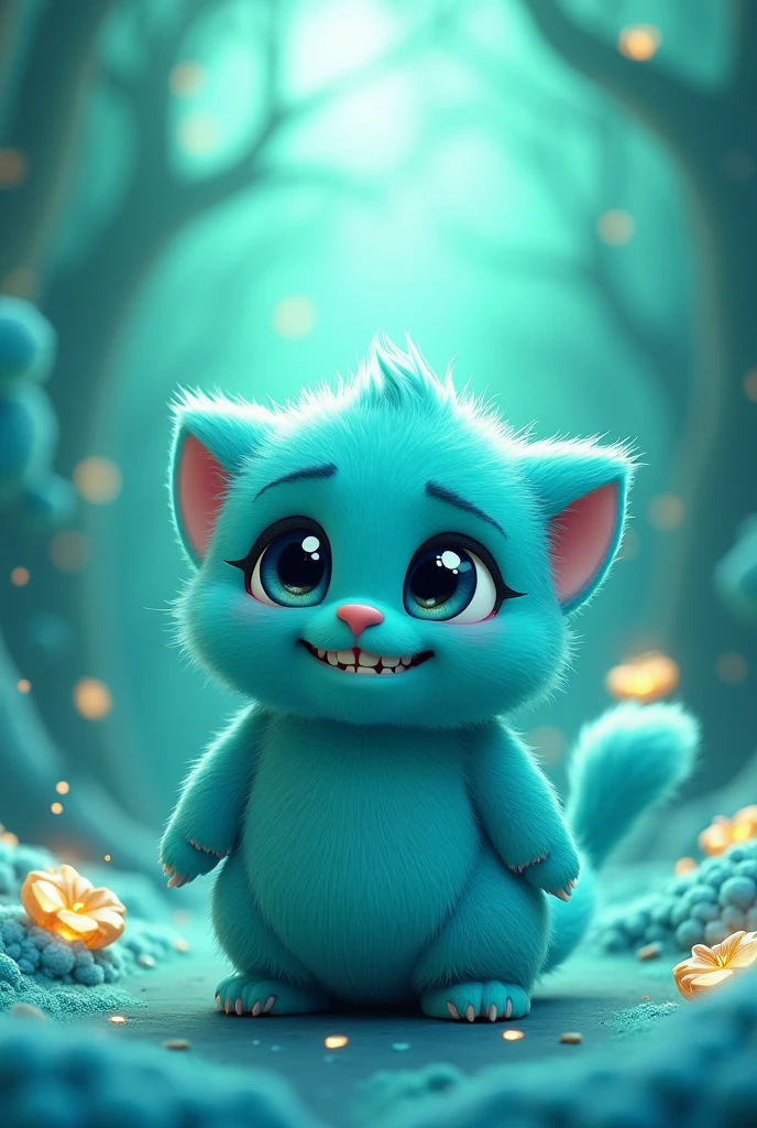 Create a cute animated character that represents the emotion Envy, whose characteristic color is turquoise blue