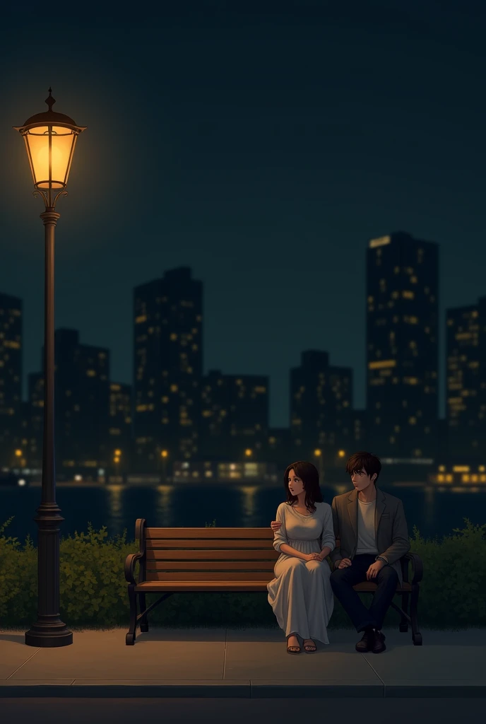 A woman sitting with a man on a bench at night Realistic
