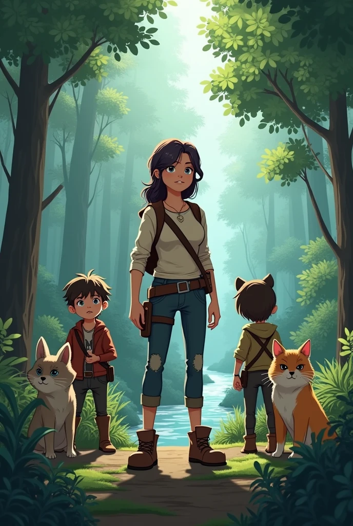 Lila, determined and with a thoughtful look, standing at the edge of the forest with Oliver, Nutmeg, and Bella, ready to investigate the river issue