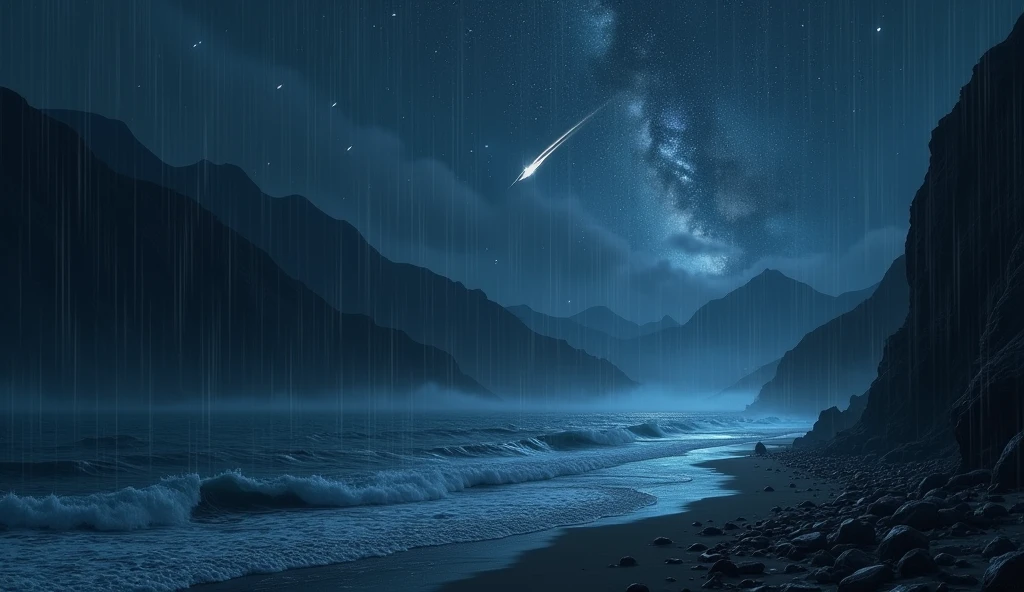 water, Sea, Dark sky, rain, Mountains, stars, Starfall, milky ways