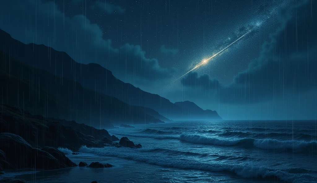 water, Sea, Dark sky, rain, Mountains, stars, Starfall, milky ways