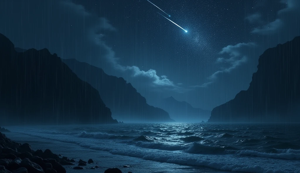 water, Sea, Dark sky, rain, Mountains, stars, Starfall, milky ways