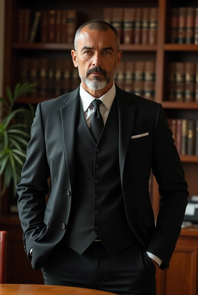 A man with a mature appearance (50 years) slim build, with a black three-piece suit, the hair looks very short, His shaved haircut on the sides and a small fringe stand out. he stands to the side of a wooden desk, Behind a bookshelf. The environment that surrounds him is of a (modern office) shining with light, the man's impressive appearance looks majestic, Impressive realism. (Best Quality,4k,8k,High resolution,masterpiece:1.2),ultra detailed,(realist,photorealist,photo-realist:1.37),HdR,studio lighting,extremely detailed face and body., portrait,cinematic lighting,dramatic lighting,warm color tones,dramatic colors