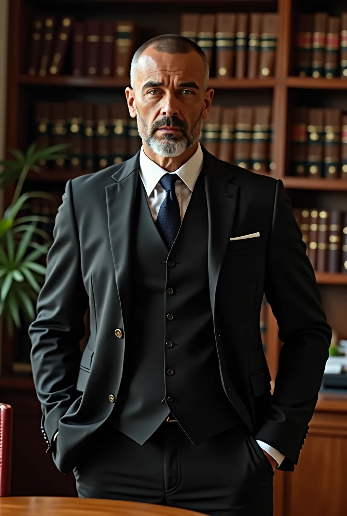 A man with a mature appearance (50 years) slim build, with a black three-piece suit, the hair looks very short, His shaved haircut on the sides and a small fringe stand out. he stands to the side of a wooden desk, Behind a bookshelf. The environment that surrounds him is of a (modern office) shining with light, the man's impressive appearance looks majestic, Impressive realism. (Best Quality,4k,8k,High resolution,masterpiece:1.2),ultra detailed,(realist,photorealist,photo-realist:1.37),HdR,studio lighting,extremely detailed face and body., portrait,cinematic lighting,dramatic lighting,warm color tones,dramatic colors