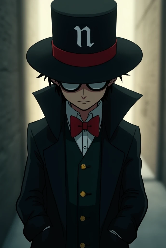 Create the image of a mysterious detective-like figure, This detective wears a black vest and a distinctive black top hat with a red bow around it. The hat also has a "n" in italics. The detective has his hands in his vest pockets., which makes your hands not visible. The detective&#39;s coat has a long collar that covers the detective&#39;s face., without revealing a single feature of him. The detective is looking slightly sideways at the camera., giving an air of mystery. The image is edited in an anime and cartoon style..