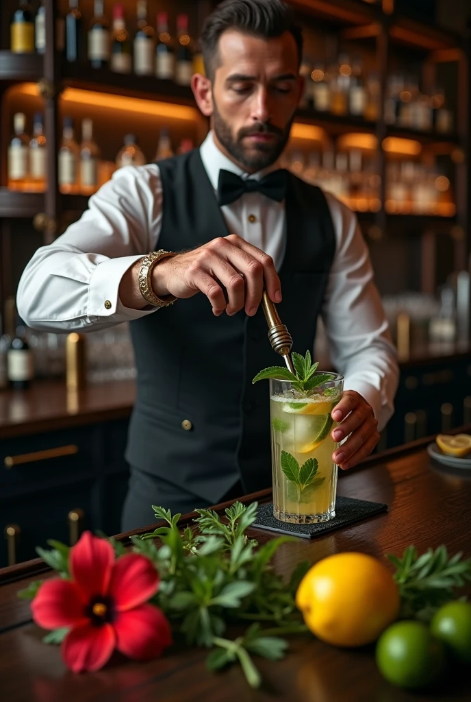 Authentic BAR,( The bartender's right thumb was amputated at the second knuckle.), Steampunk,1800'with Mojito, Spectacular landscapes, , Extremely precise movements, A sublime and delicate work, Cocktail, masterpiece, 8k, high quality, Hands are a key element in the scene, The hands are very realistic and sharp,I don't draw my face,Wine Bottle Background、Dark interior、There are herbs, lemons and limes on the counter、Red flower、A muddler in hand、Tall vertical glass