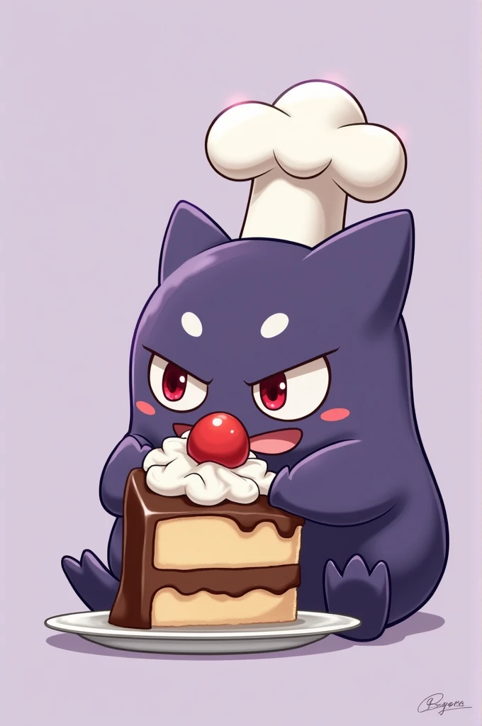 Super cute animated gengar character with chef hat and cute eyes eating a delicious slice of cake, bottomless