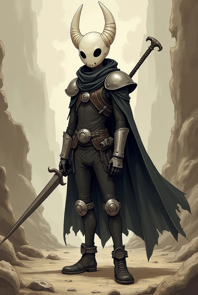 Make a drawing of the protagonist of Hollow Knight in his human form or as close to it as possible.