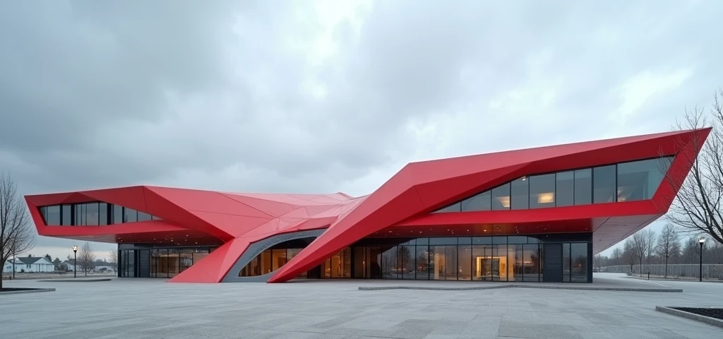 Futuristic design of office building, red color, in a small town, cloudy weather, super realistic photo, high resolution