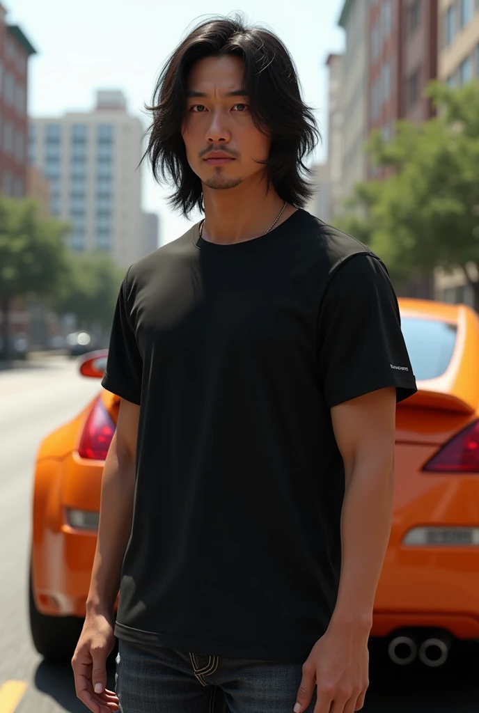 (the fast and the furious) *Sung Kang*
"A 3D male character with Asian features, not disney-pixar style, long black hair and a calm expression, wearing a black t-shirt and jeans. Ao fundo, an orange Nissan 350Z car speeding on a city road."