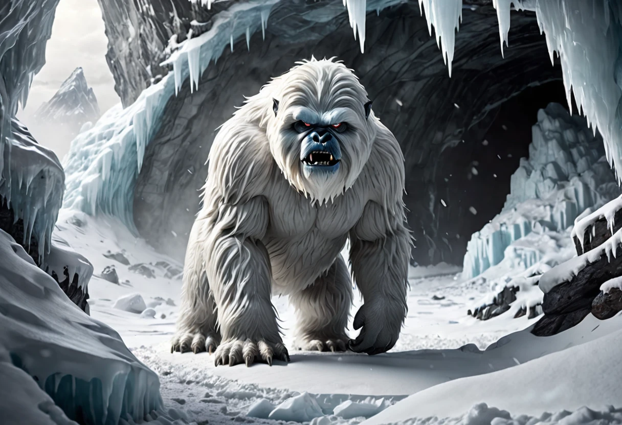 a mighty wampa, star wars, long hair yeti, emerging from ice cave, hunting in snow filled world, hoth, overcast, heavy snow, detailed creature, muscular body, fur covered, sharp claws, glowing eyes, snow covered landscape, icy cave entrance, blowing snow, moody lighting, cinematic composition, (best quality,4k,8k,highres,masterpiece:1.2),ultra-detailed,(realistic,photorealistic,photo-realistic:1.37),cinematic,dramatic lighting,moody atmosphere,epic scale