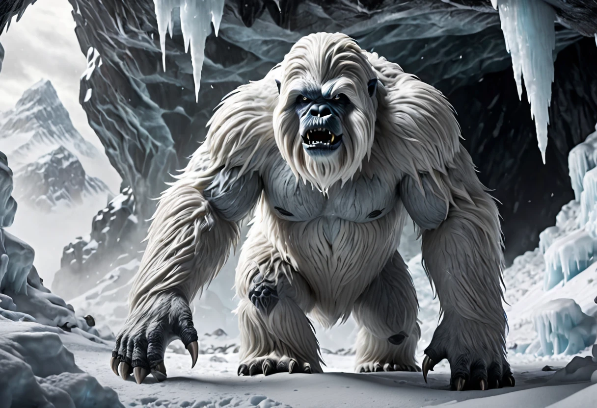 a mighty wampa, star wars, long hair yeti, emerging from ice cave, hunting in snow filled world, hoth, overcast, heavy snow, detailed creature, muscular body, fur covered, sharp claws, glowing eyes, snow covered landscape, icy cave entrance, blowing snow, moody lighting, cinematic composition, (best quality,4k,8k,highres,masterpiece:1.2),ultra-detailed,(realistic,photorealistic,photo-realistic:1.37),cinematic,dramatic lighting,moody atmosphere,epic scale