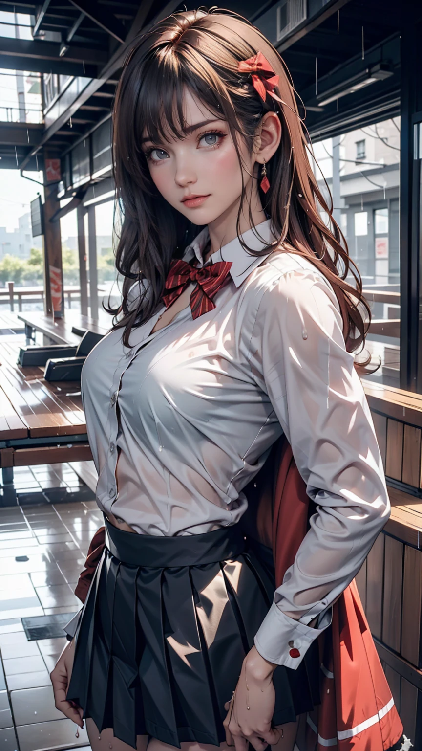 Highest quality, High resolution, Absurd, Very detailed, Suzuya_(Kantai Collection), One person, length_hair, skirt, alone, shirt, rain, Wet_Clothes, hair_ornament, Wet, chest, underwear, Pleats_skirt, See through, bowtie, red_bow