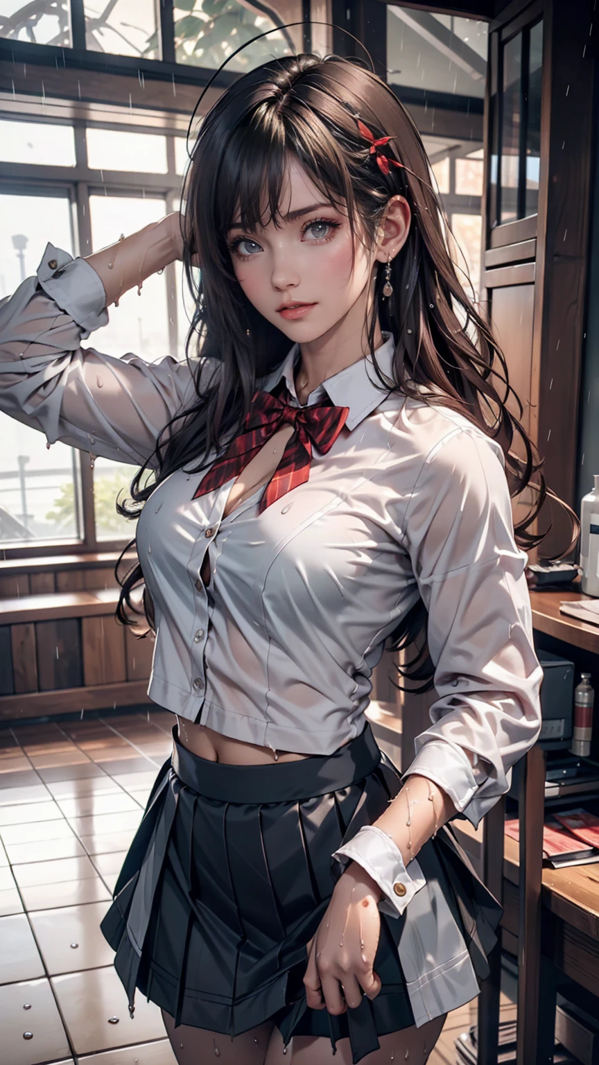 image.(from below:1.2),(1girl,ultra detailed skin,curvy,,beautiful breage breasts,palpointy breasts,erect nippyperrealortraiultra-realistic,high detail,high resolution,best quality,masterpiece,Sense of presence,Dynamic,bold),(thin and soft hair:1.8),(straight hair),(Swept long bangs),(extra light coppery amber hair),(hair over one eye),(clothed:1.5,school uniform:1.5)