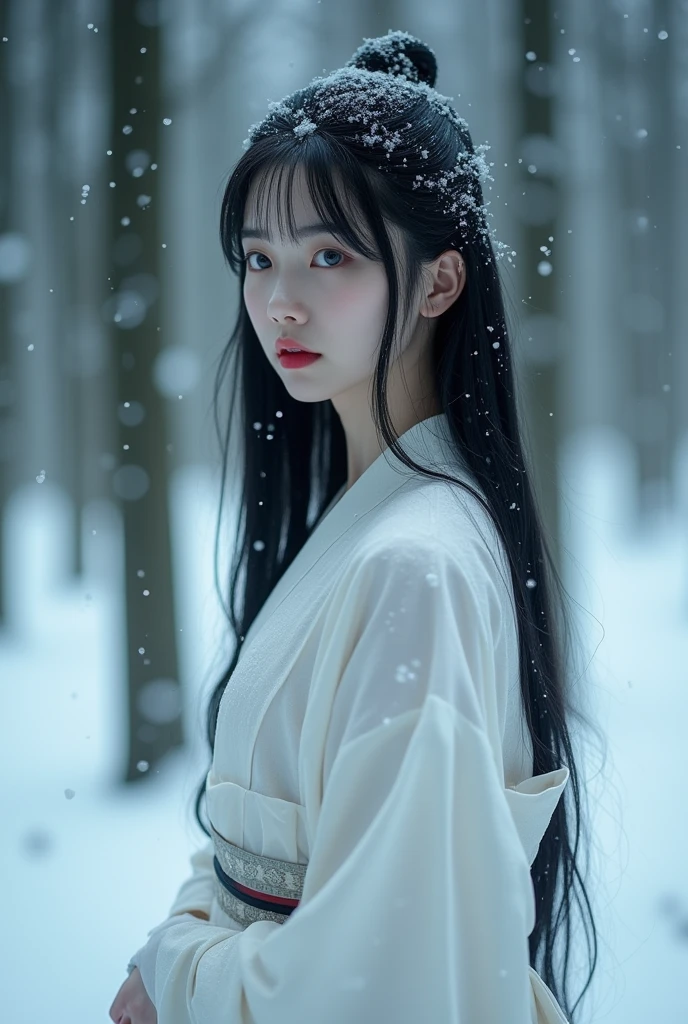 Prompt: Create an ultra-realistic 8K resolution image of Yuki-onna, the mythical figure from Japanese folklore, reimagined as a hauntingly beautiful woman with an ethereal presence. She has pale, flawless skin that glows faintly against the snowy background, and her long, jet-black hair flows gracefully over her shoulders, contrasting with the surrounding white landscape. Her piercing blue eyes hold a mysterious, otherworldly gaze, and her lips are a delicate shade of red, adding a touch of warmth to her cold appearance. She is dressed in a traditional white kimono, intricately detailed with subtle patterns and soft fabric that drapes elegantly around her slender form. Snowflakes gently rest on her hair and clothing, enhancing her connection to the wintery environment. The background is a serene, snow-covered forest with tall, dark trees, and a misty atmosphere that adds to the mystical and tranquil ambiance. The image captures the essence of Yuki-onna as both a captivating and eerie figure, embodying the beauty and danger of winter.