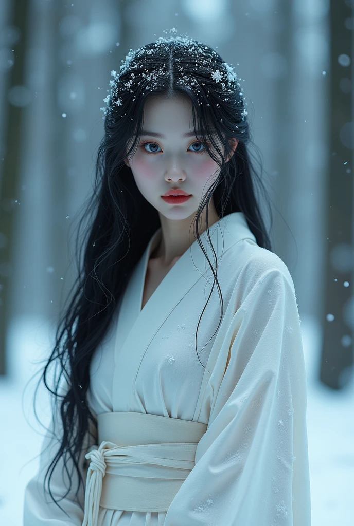 Prompt: Create an ultra-realistic 8K resolution image of Yuki-onna, the mythical figure from Japanese folklore, reimagined as a hauntingly beautiful woman with an ethereal presence. She has pale, flawless skin that glows faintly against the snowy background, and her long, jet-black hair flows gracefully over her shoulders, contrasting with the surrounding white landscape. Her piercing blue eyes hold a mysterious, otherworldly gaze, and her lips are a delicate shade of red, adding a touch of warmth to her cold appearance. She is dressed in a traditional white kimono, intricately detailed with subtle patterns and soft fabric that drapes elegantly around her slender form. Snowflakes gently rest on her hair and clothing, enhancing her connection to the wintery environment. The background is a serene, snow-covered forest with tall, dark trees, and a misty atmosphere that adds to the mystical and tranquil ambiance. The image captures the essence of Yuki-onna as both a captivating and eerie figure, embodying the beauty and danger of winter.