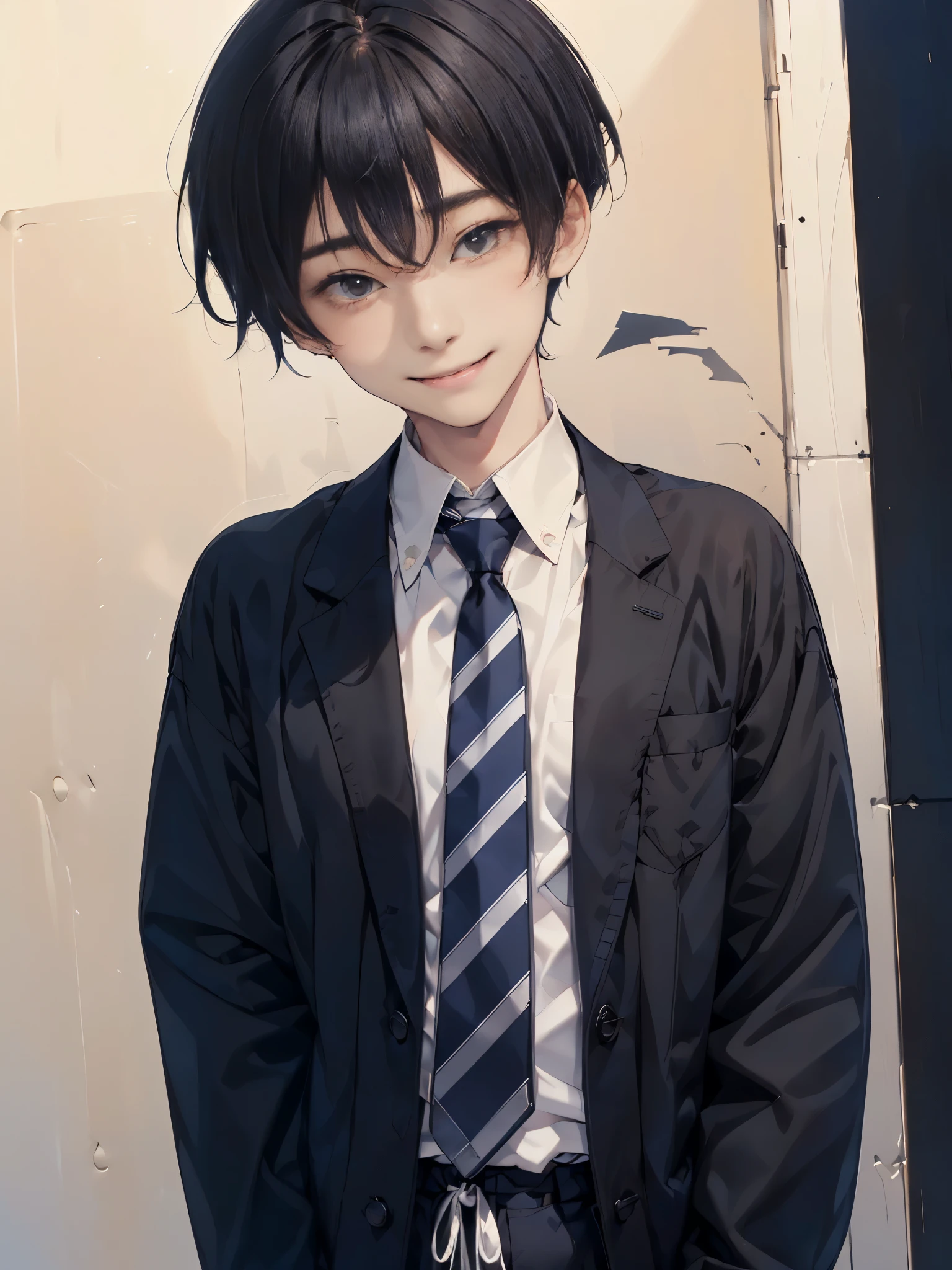 Masterpiece,best quality,独奏, 1 Japanese boy, 2,(tall and thin,sleepy droopy eyes, long face, (thin cheeks:1.2),(black shaggy short hair,:1.5),(Black tailored jacket, white shirt, navy blue striped tie, black slacks:1.6),(A shy smile:1.4),(Plain background:1.5),Upper body close-up