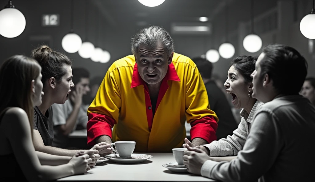 A distorted dramatic scene of an exhausted diner waiter, tired of working in this underemployment, customers sitting down calling the attendant, the whole scene is black and white and the attendant is wearing colorful yellow and red clothes.
