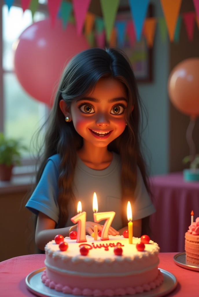 Create a 3d image in which a Indian teenager girl cutting Cake wearing blue color shirt with Name "Divya" is written clearly on the Cake and 17 year candle burning on the Cake, image features with birthday decorated view realistic image