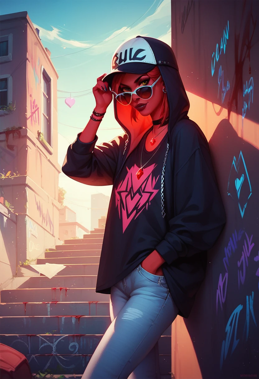 foreground,simple background,Background with neon rays of various colors,hyperdetailed,well defined details,hyper realistic,1 girl,graffiti hood,demon shirt,pierce,Sunglasses,blood gem pendant
