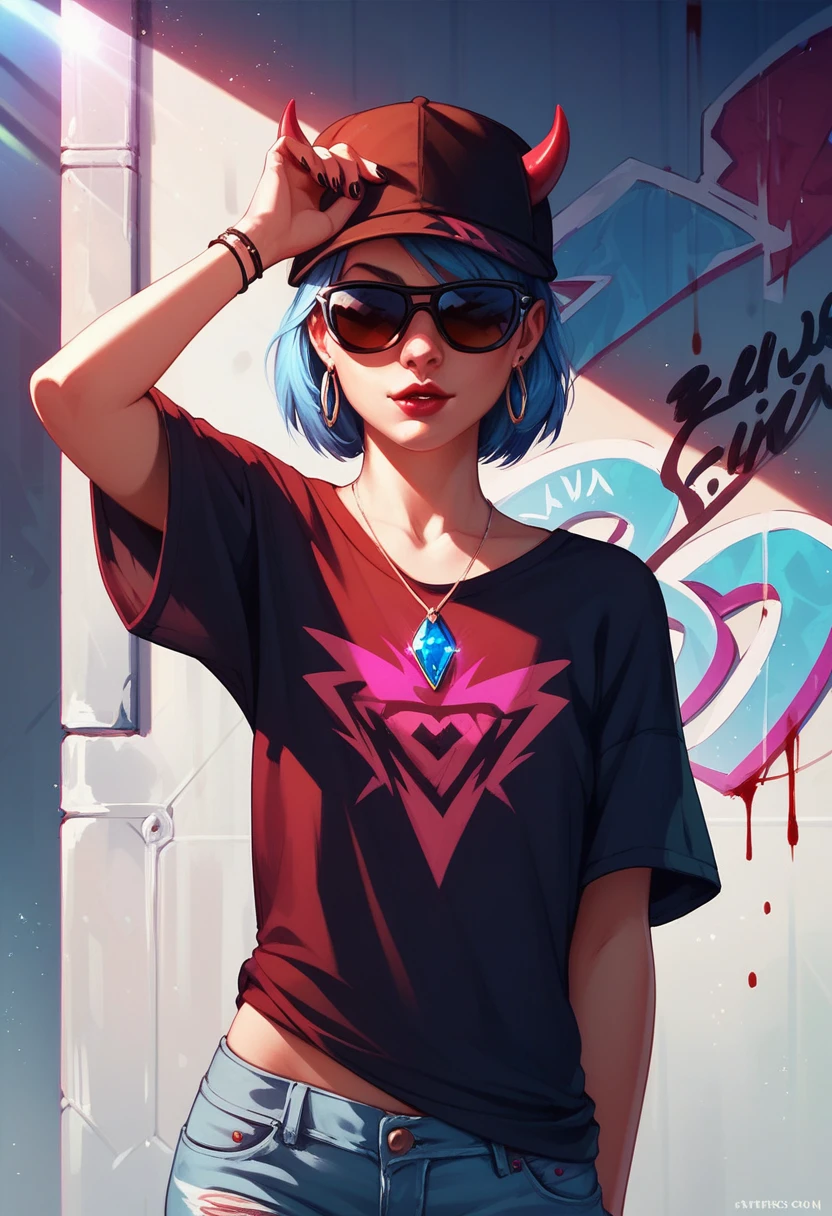 foreground,simple background,Background with neon rays of various colors,hyperdetailed,well defined details,hyper realistic,1 girl,graffiti hood,demon shirt,pierce,blood gem pendant