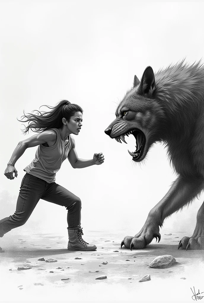 Generate a drawing of a woman with an animal, both angry