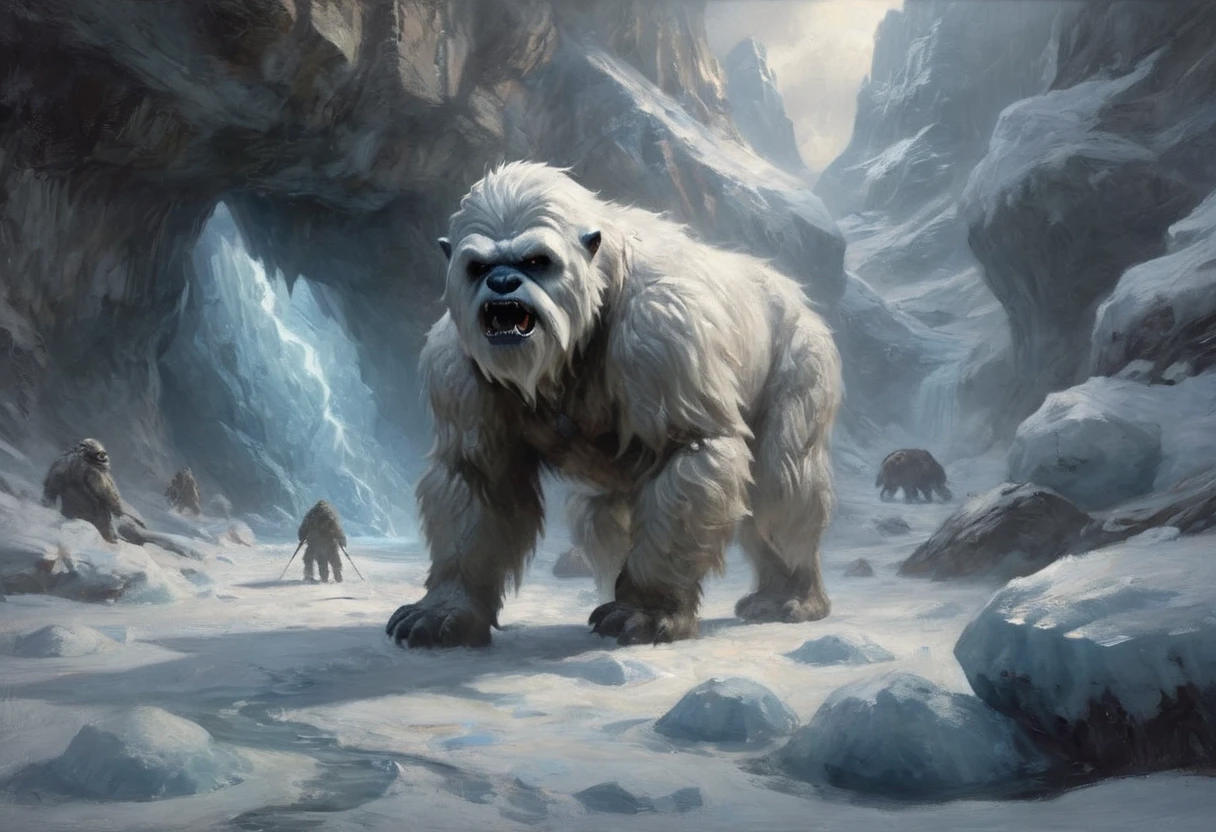a mighty wampa, star wars, long hair yeti, emerging from ice cave, hunting in snow filled world, hoth, overcast, heavy snow, detailed creature, muscular body, fur covered, sharp claws, glowing eyes, snow covered landscape, icy cave entrance, blowing snow, moody lighting, cinematic composition, (best quality,4k,8k,highres,masterpiece:1.2),ultra-detailed,(realistic,photorealistic,photo-realistic:1.37),cinematic,dramatic lighting,moody atmosphere,epic scale