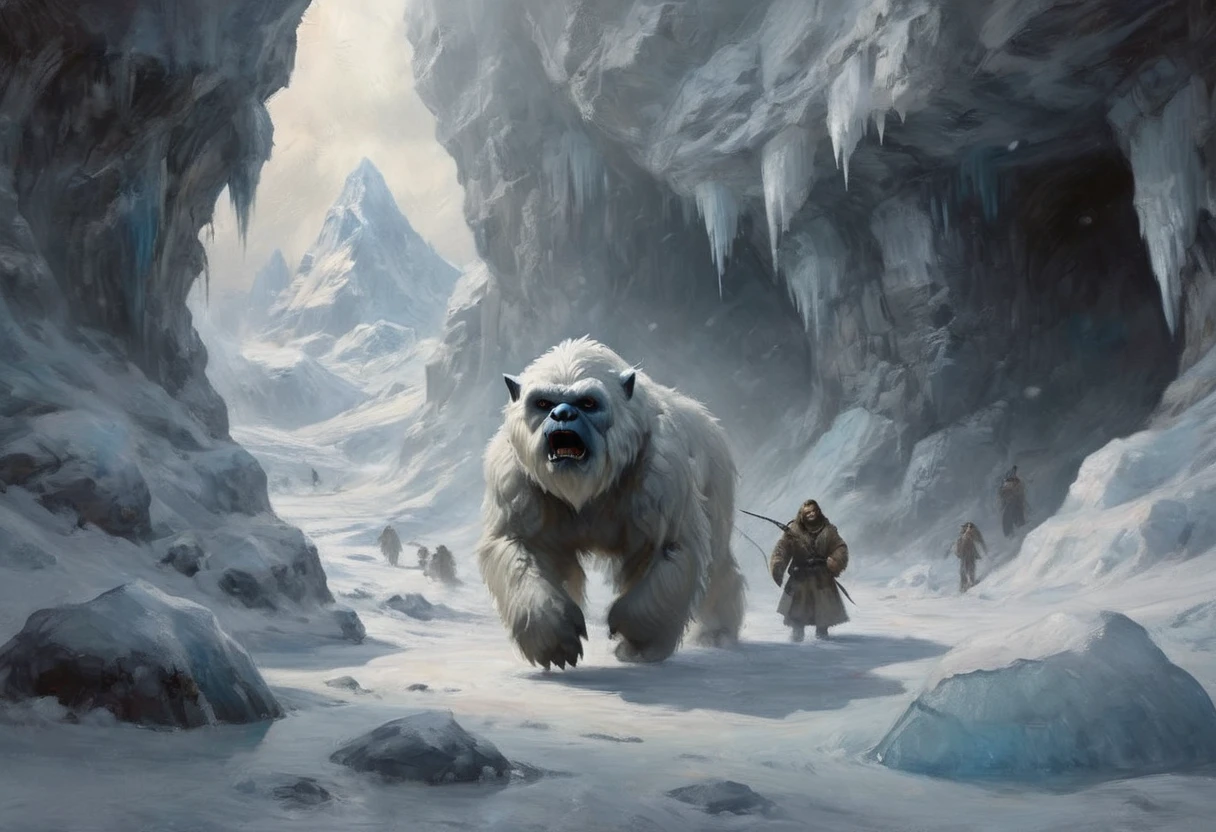 a mighty wampa, star wars, long hair yeti, emerging from ice cave, hunting in snow filled world, hoth, overcast, heavy snow, detailed creature, muscular body, fur covered, sharp claws, glowing eyes, snow covered landscape, icy cave entrance, blowing snow, moody lighting, cinematic composition, (best quality,4k,8k,highres,masterpiece:1.2),ultra-detailed,(realistic,photorealistic,photo-realistic:1.37),cinematic,dramatic lighting,moody atmosphere,epic scale