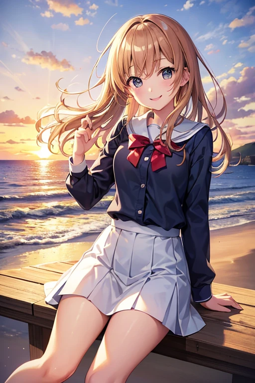 super masterpiece、move、Seaside、high school student、Big Clouds、high resolution、Sunset、youth、high resolution、youth、move、smile、uniform, smile, looking at the camera
