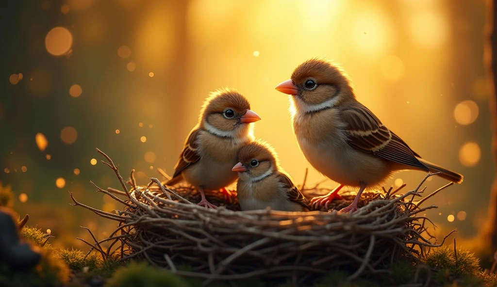 (masterpiece:1.2,Distinguished Quality,Mirror-like,Cinematic Experienc),8k,wallpaper,(A happy sparrow family),(nest),(Particles of light),(Warm Light)