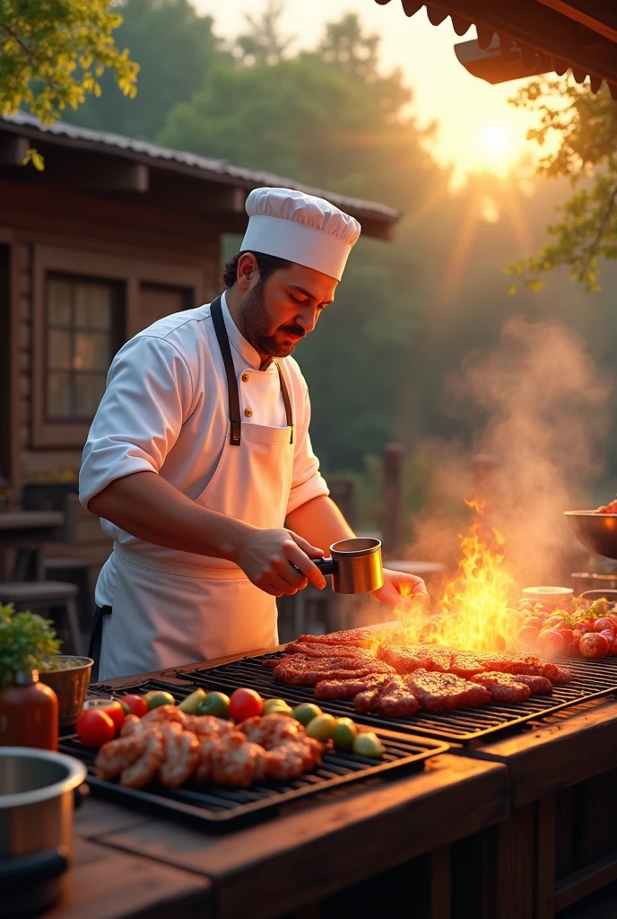 Create an image of a chef preparing a barbecue