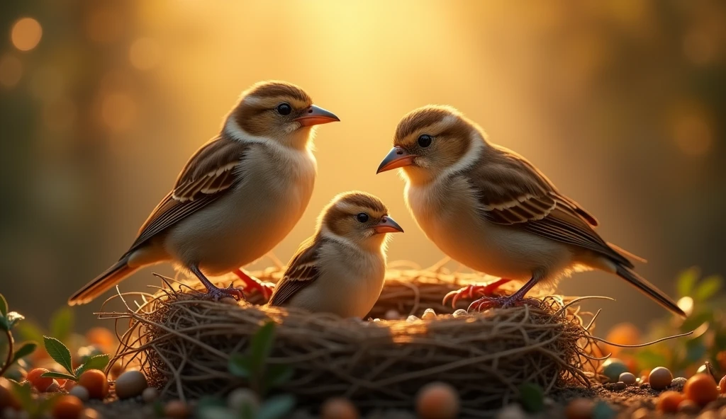 (masterpiece:1.2,Distinguished Quality,Mirror-like,Cinematic Experienc),8k,wallpaper,(A happy sparrow family),(nest),(Particles of light),(Warm Light)