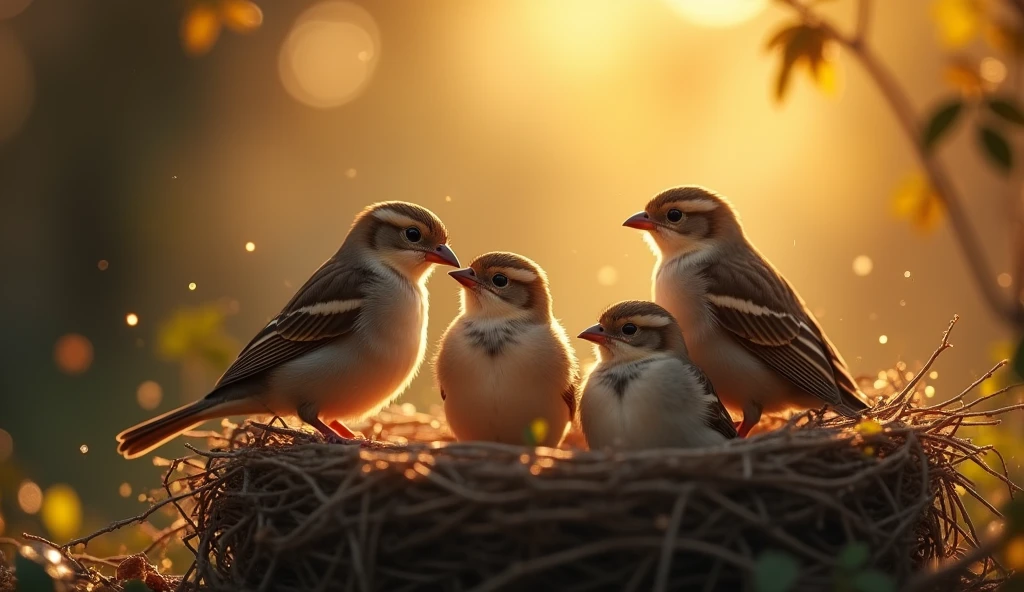 (masterpiece:1.2,Distinguished Quality,Mirror-like,Cinematic Experienc),8k,wallpaper,(A happy sparrow family),(nest),(Particles of light),(Warm Light)
