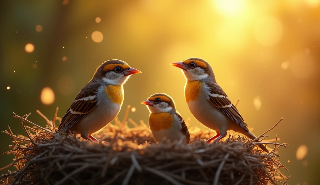 (masterpiece:1.2,Distinguished Quality,Mirror-like,Cinematic Experienc),8k,wallpaper,(A happy sparrow family),(nest),(Particles of light),(Warm Light)