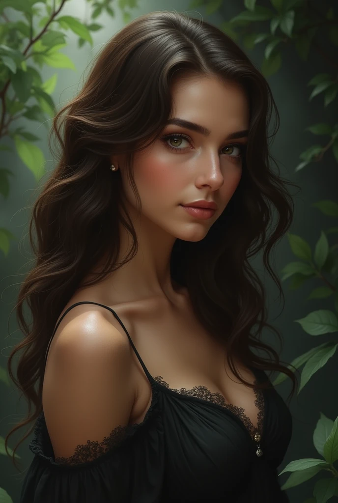 Make a young woman, brunette with black hair