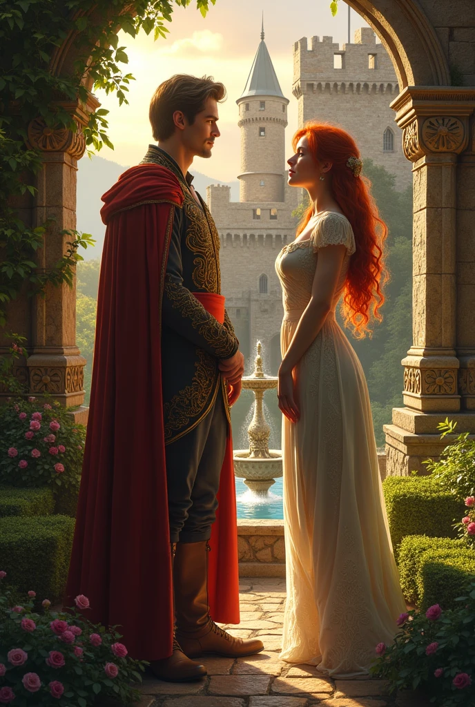 a medieval castle, a redhead and a handsome prince in the garden