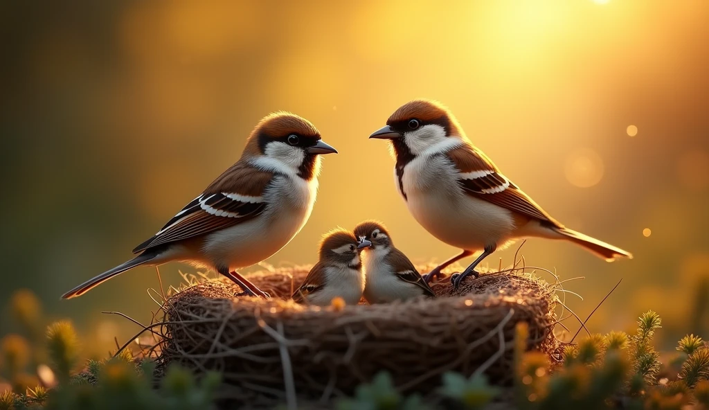 (masterpiece:1.2,Distinguished Quality,Mirror-like,Cinematic Experienc),8k,wallpaper,(A happy sparrow family),(nest),(Particles of light),(Warm Light)