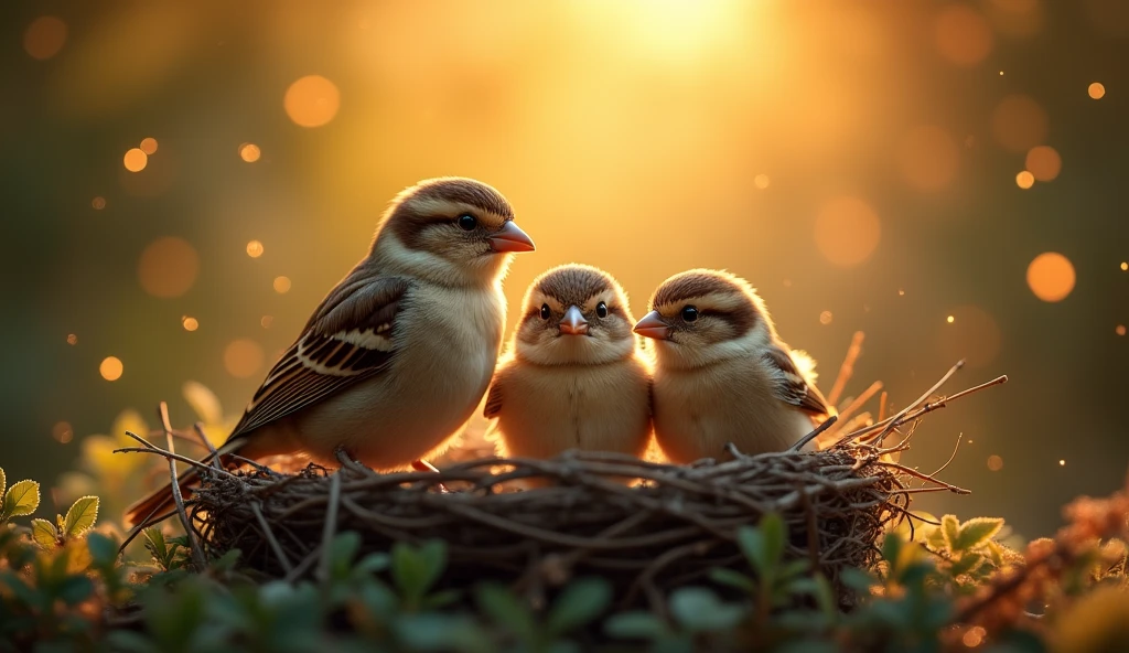 (masterpiece:1.2,Distinguished Quality,Mirror-like,Cinematic Experienc),8k,wallpaper,(A happy sparrow family),(nest),(Particles of light),(Warm Light)